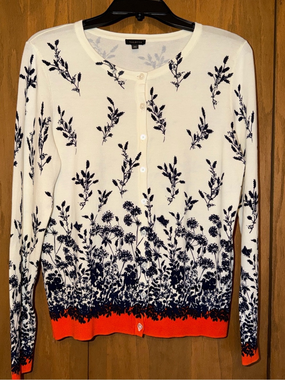 Talbots Cream Cardigan with Navy Floral Accents and Orange Trim